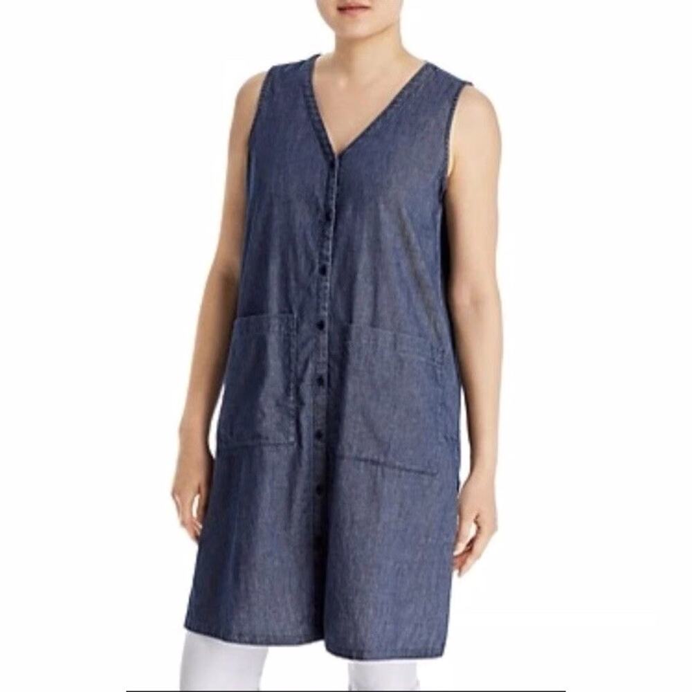 Eileen Fisher Chambray Sleeveless Long Tunic Top Minimalist Capsule Sz Small NWT